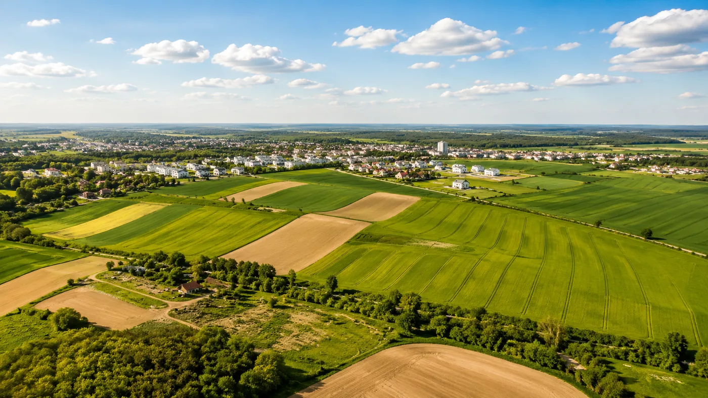 Widok z drona na pola i Głogów w oddali