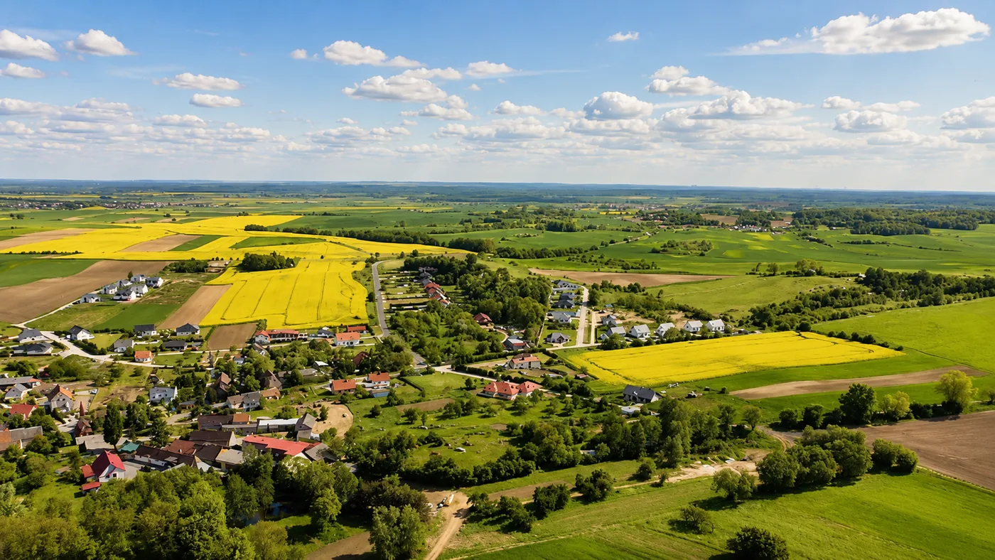 Widok z drona na pola, domy i otwartą przestrzeń
